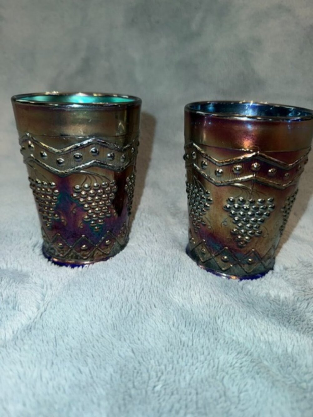 Antique Fenton Carnival Glass Tumblers - Lattice & Grape Pattern - Cobalt Blue